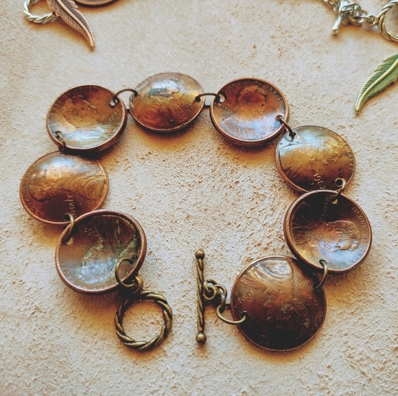 HANDMADE Unique Domed Copper Wheat Penny Toggle Bracelet Bangle - Picture 1 of 10